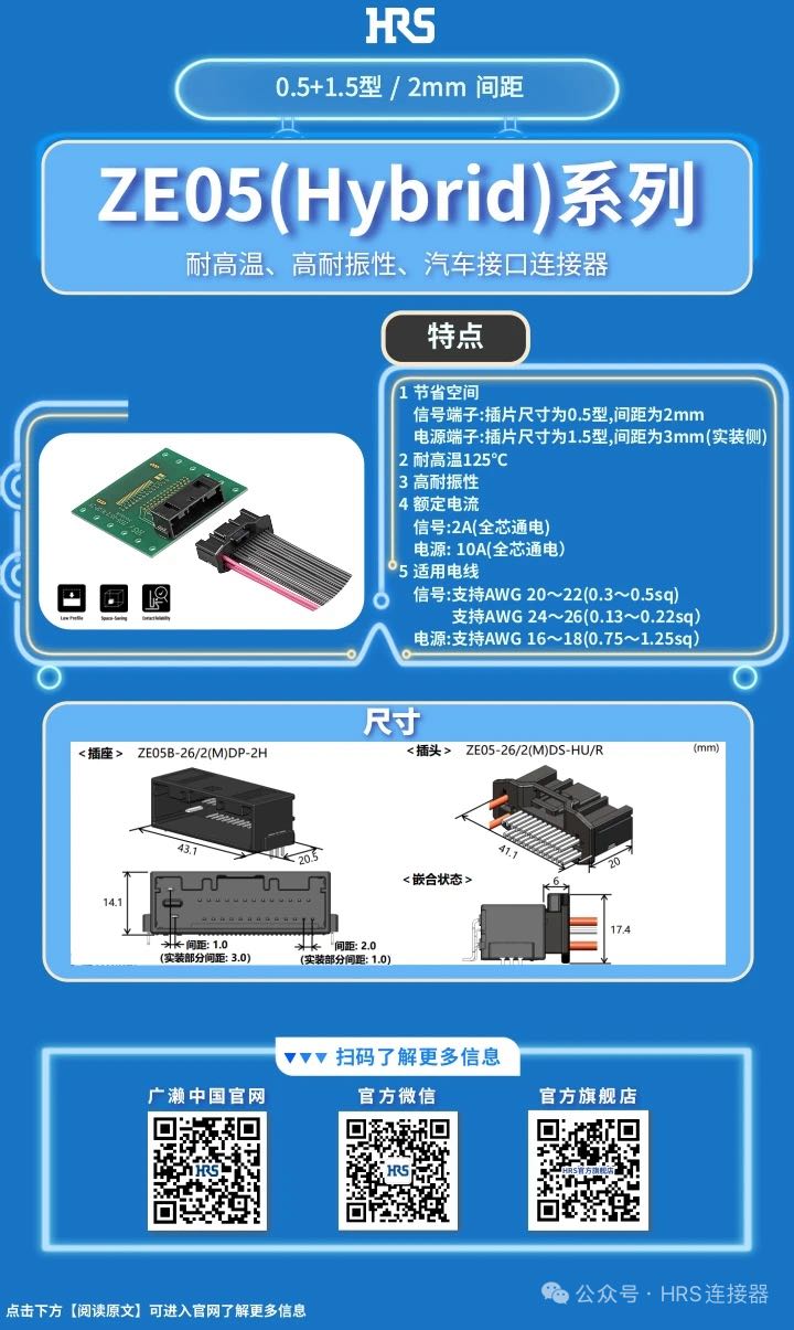 【產品推薦】耐高溫、高耐振性、汽車接口、電源信號混合型連接器ZE05系列